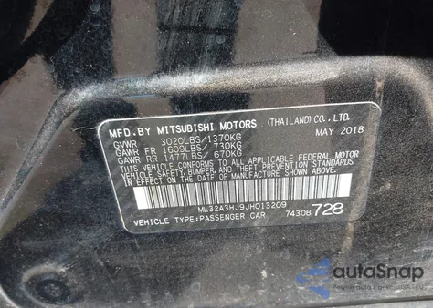 2018 Mitsubishi Mirage Es из США, поврежденный, VIN ML32A3HJ9JH013209